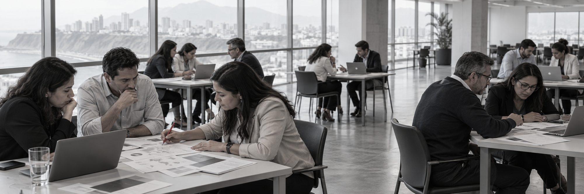 Imagen ilustrativa: varios equipos de directivos trabajan en mesas separadas en una sala amplia con vista a la ciudad.